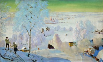 Paisajes Painting - Los esquiadores 1919 Boris Mikhailovich Kustodiev paisaje nevado